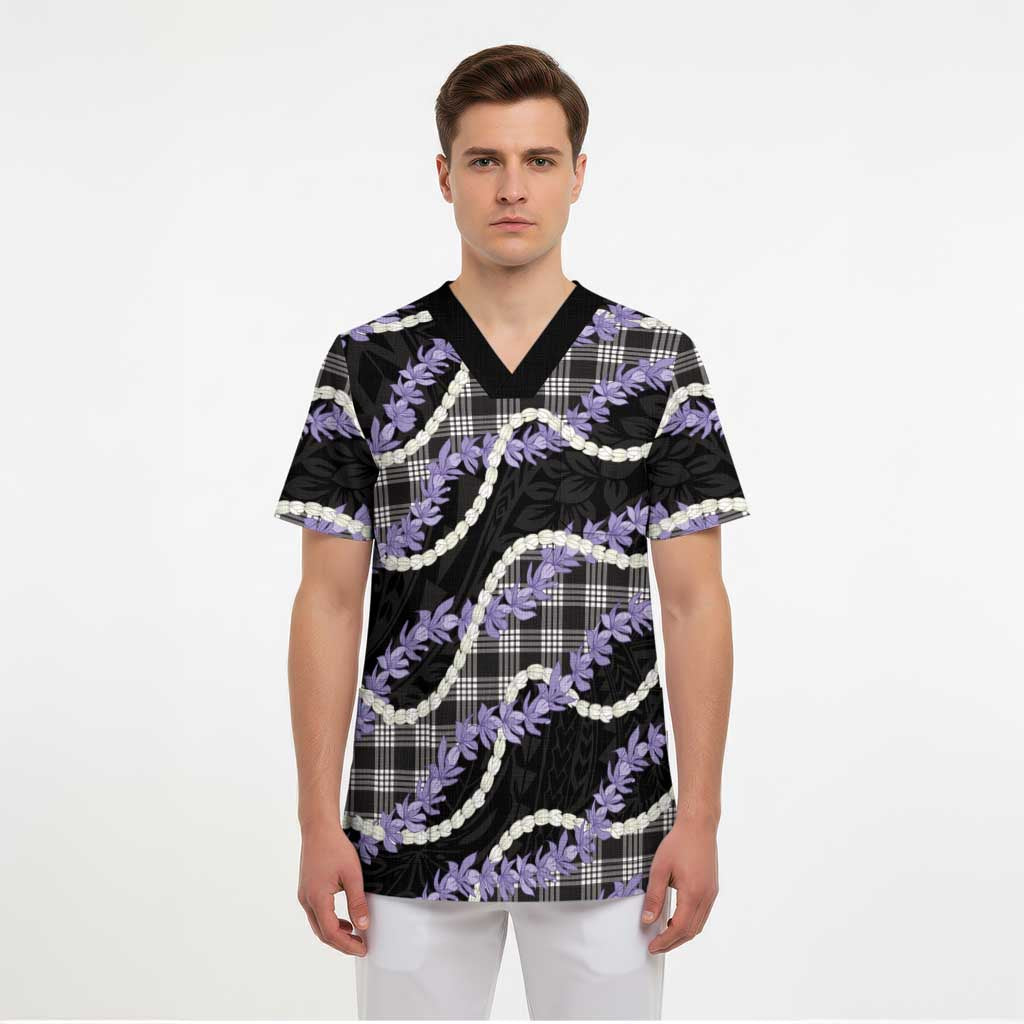 Black Hawaii Palaka Honohono Pikake Scrub Top Hawaiian Orchid Lei Polynesian Pattern - Polynesian Pride