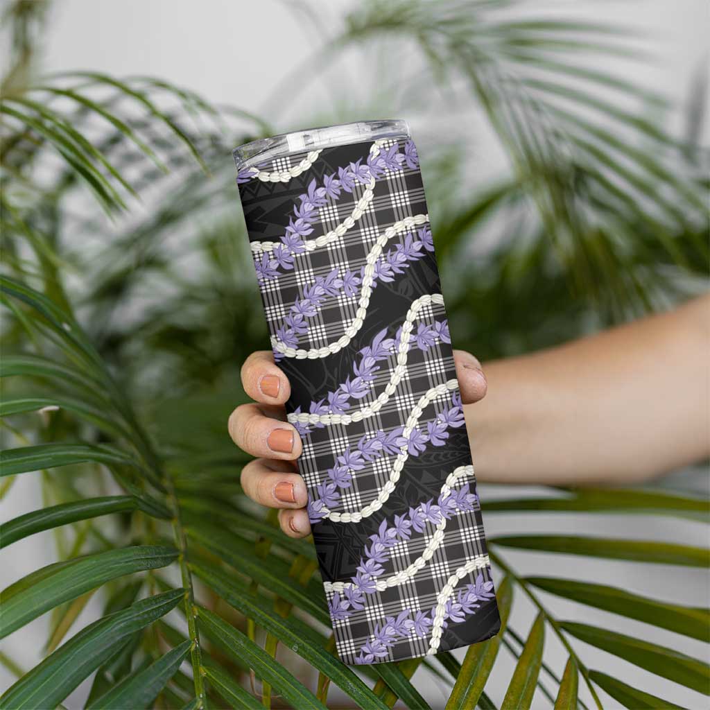 Black Hawaii Palaka Honohono Pikake Skinny Tumbler Hawaiian Orchid Lei Polynesian Pattern - Polynesian Pride