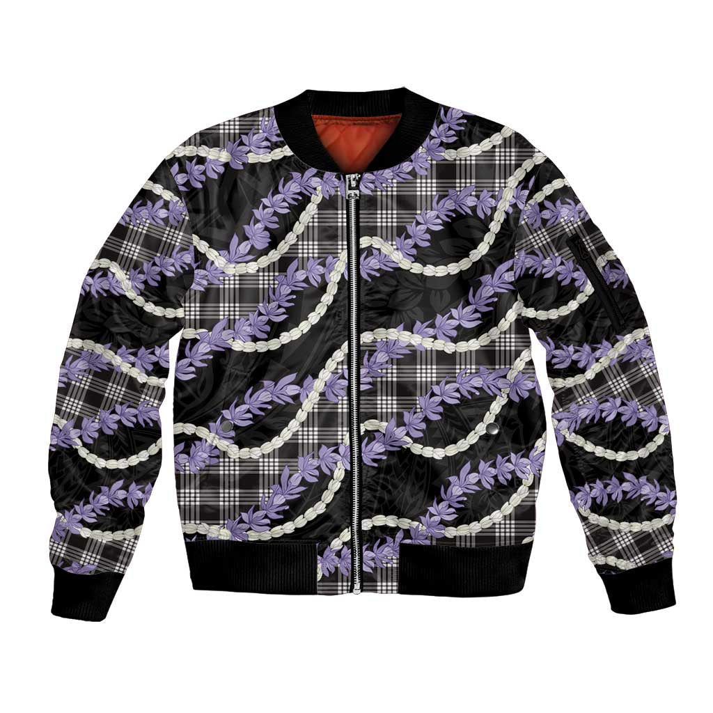 Black Hawaii Palaka Honohono Pikake Sleeve Zip Bomber Jacket Hawaiian Orchid Lei Polynesian Pattern - Polynesian Pride