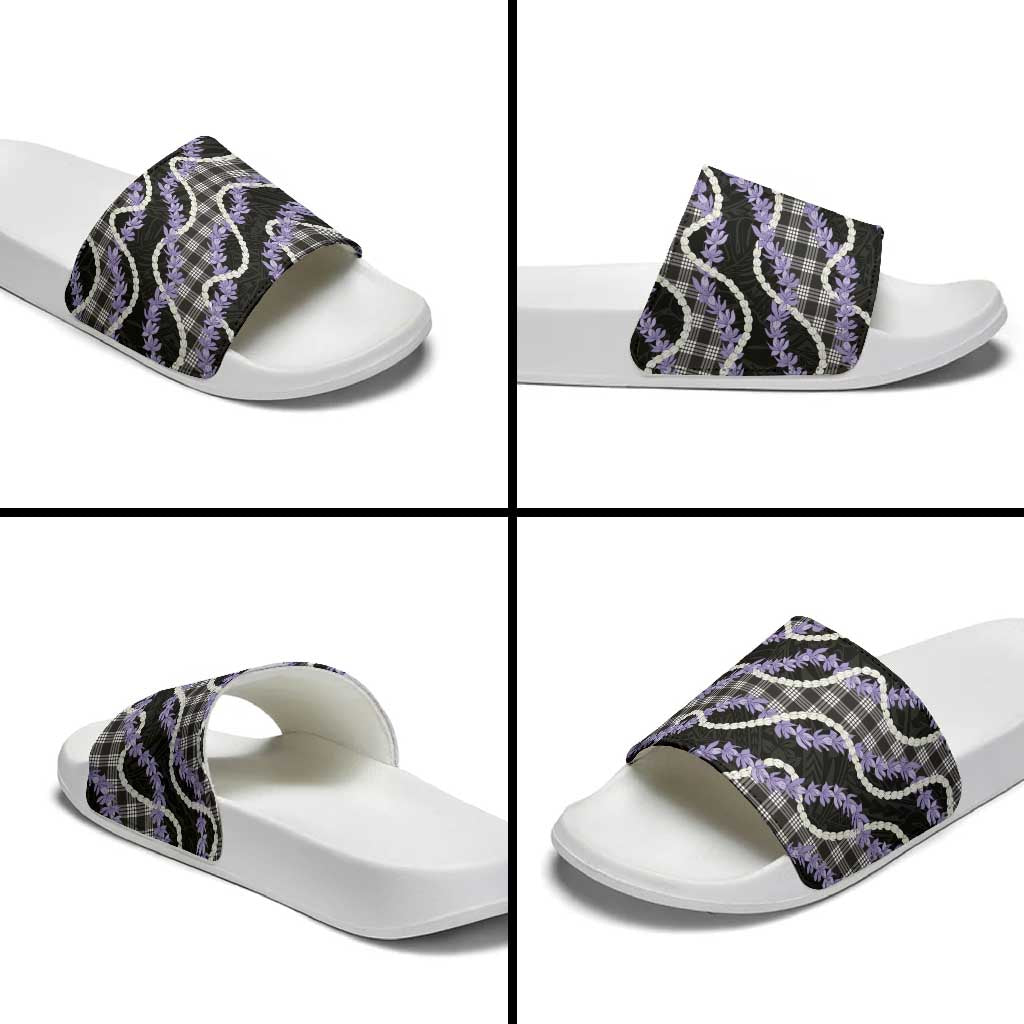 Black Hawaii Palaka Honohono Pikake Slide Sandals Hawaiian Orchid Lei Polynesian Pattern - Polynesian Pride