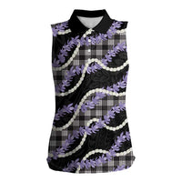 Black Hawaii Palaka Honohono Pikake Women Sleeveless Polo Shirt Hawaiian Orchid Lei Polynesian Pattern - Polynesian Pride