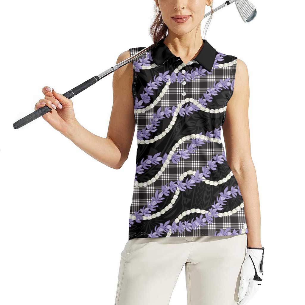Black Hawaii Palaka Honohono Pikake Women Sleeveless Polo Shirt Hawaiian Orchid Lei Polynesian Pattern - Polynesian Pride