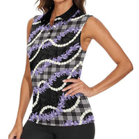 Black Hawaii Palaka Honohono Pikake Women Sleeveless Polo Shirt Hawaiian Orchid Lei Polynesian Pattern - Polynesian Pride