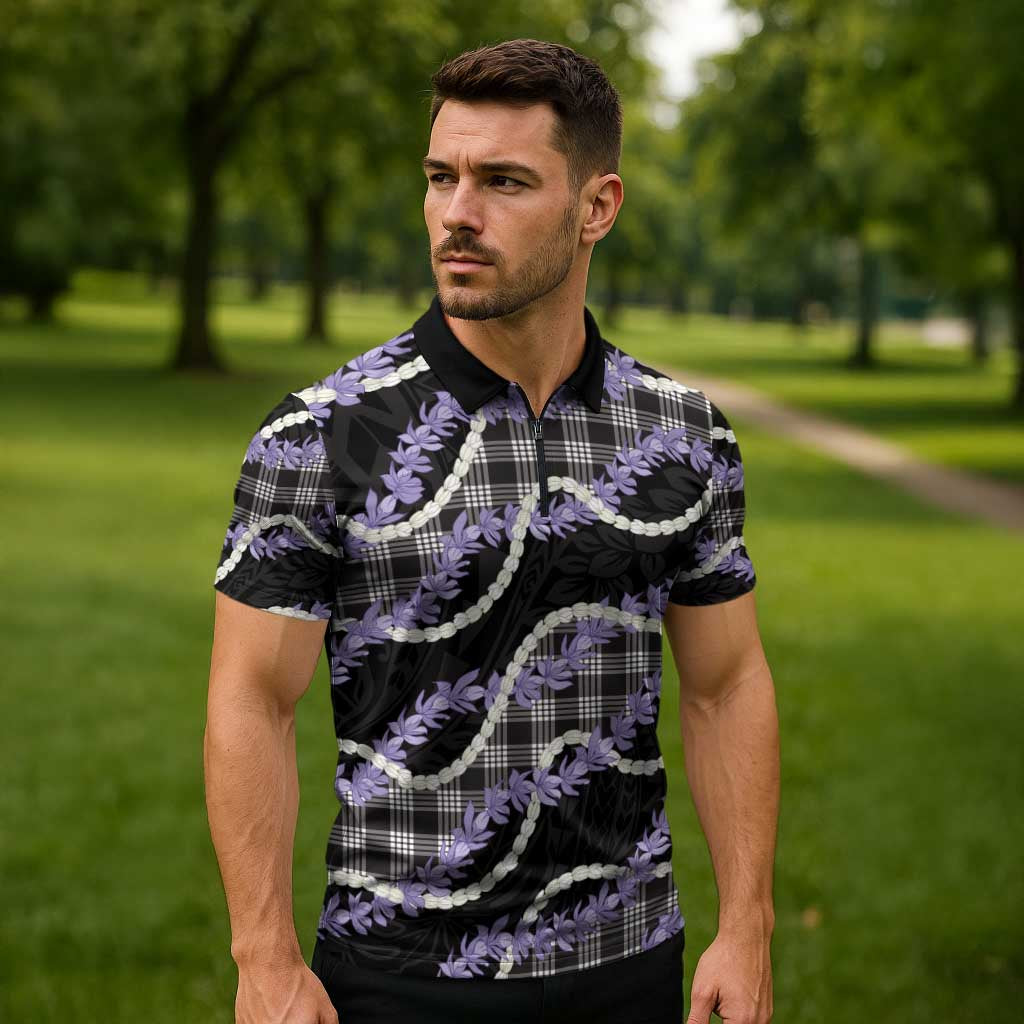 Black Hawaii Palaka Honohono Pikake Zipper Polo Shirt Hawaiian Orchid Lei Polynesian Pattern - Polynesian Pride