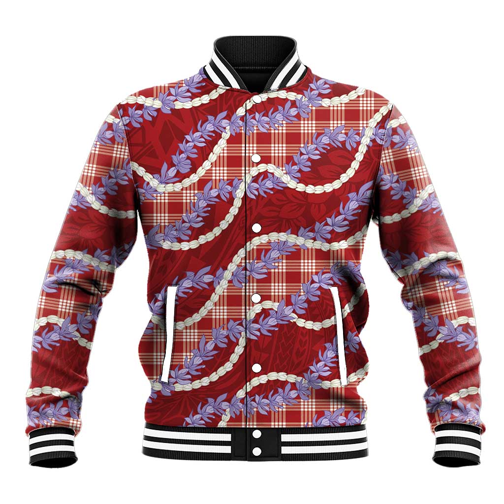 Red Hawaii Palaka Honohono Pikake Baseball Jacket Hawaiian Orchid Lei Polynesian Pattern - Polynesian Pride