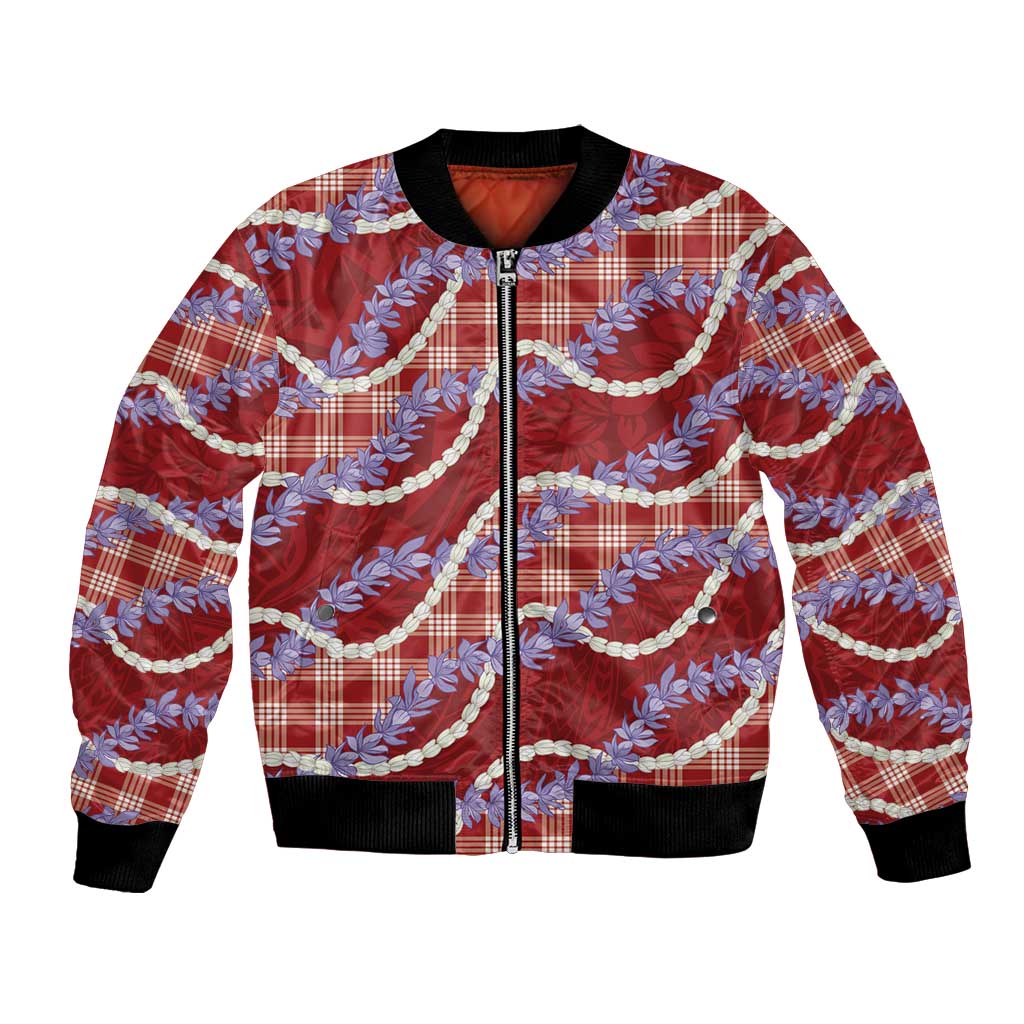 Red Hawaii Palaka Honohono Pikake Bomber Jacket Hawaiian Orchid Lei Polynesian Pattern - Polynesian Pride