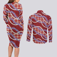 Red Hawaii Palaka Honohono Pikake Couples Matching Long Sleeve Bodycon Dress and Long Sleeve Button Shirt Hawaiian Orchid Lei Polynesian Pattern - Polynesian Pride