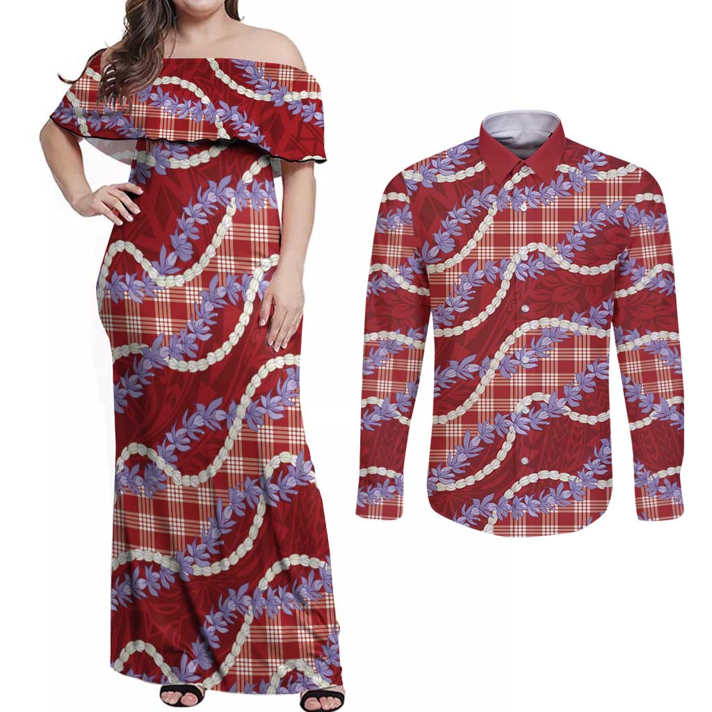 Red Hawaii Palaka Honohono Pikake Couples Matching Off Shoulder Maxi Dress and Long Sleeve Button Shirt Hawaiian Orchid Lei Polynesian Pattern - Polynesian Pride