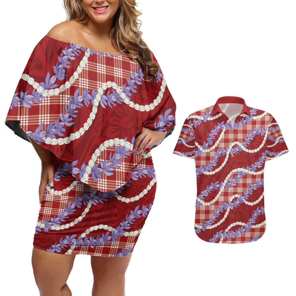 Red Hawaii Palaka Honohono Pikake Couples Matching Off Shoulder Short Dress and Hawaiian Shirt Hawaiian Orchid Lei Polynesian Pattern - Polynesian Pride