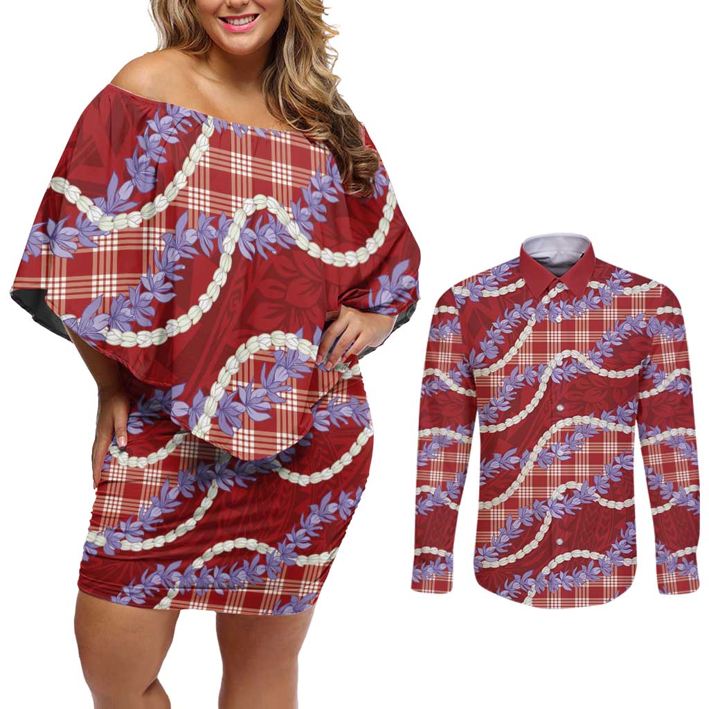 Red Hawaii Palaka Honohono Pikake Couples Matching Off Shoulder Short Dress and Long Sleeve Button Shirt Hawaiian Orchid Lei Polynesian Pattern - Polynesian Pride