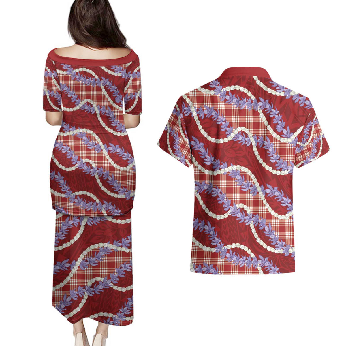 Red Hawaii Palaka Honohono Pikake Couples Matching Puletasi and Hawaiian Shirt Hawaiian Orchid Lei Polynesian Pattern - Polynesian Pride