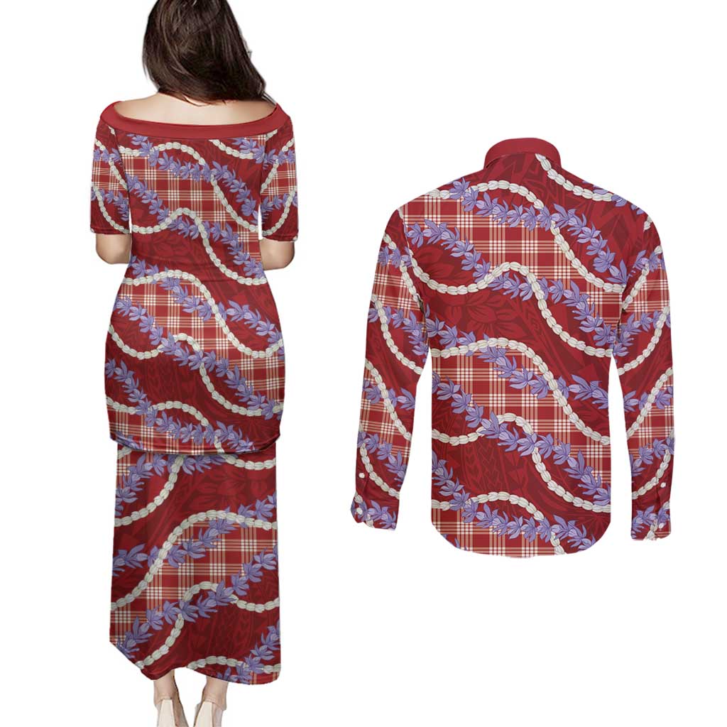 Red Hawaii Palaka Honohono Pikake Couples Matching Puletasi and Long Sleeve Button Shirt Hawaiian Orchid Lei Polynesian Pattern - Polynesian Pride
