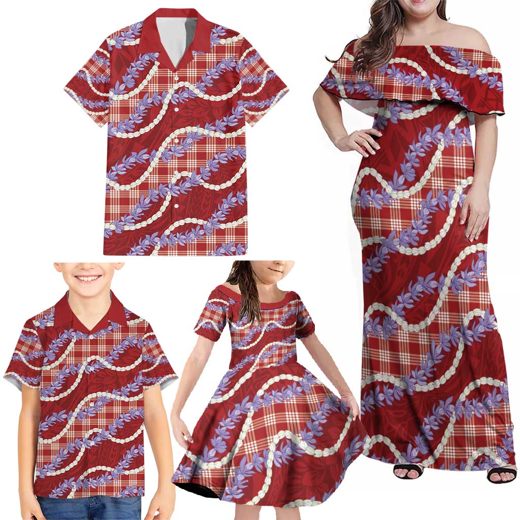 Red Hawaii Palaka Honohono Pikake Family Matching Off Shoulder Maxi Dress and Hawaiian Shirt Hawaiian Orchid Lei Polynesian Pattern - Polynesian Pride
