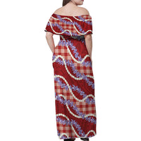 Red Hawaii Palaka Honohono Pikake Family Matching Off Shoulder Maxi Dress and Hawaiian Shirt Hawaiian Orchid Lei Polynesian Pattern - Polynesian Pride