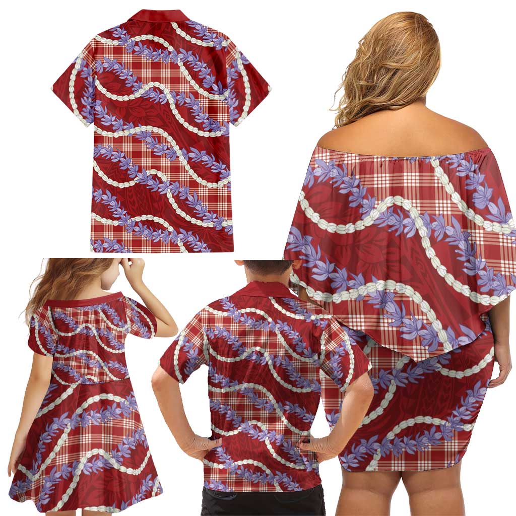 Red Hawaii Palaka Honohono Pikake Family Matching Off Shoulder Short Dress and Hawaiian Shirt Hawaiian Orchid Lei Polynesian Pattern LT14 - Polynesian Pride