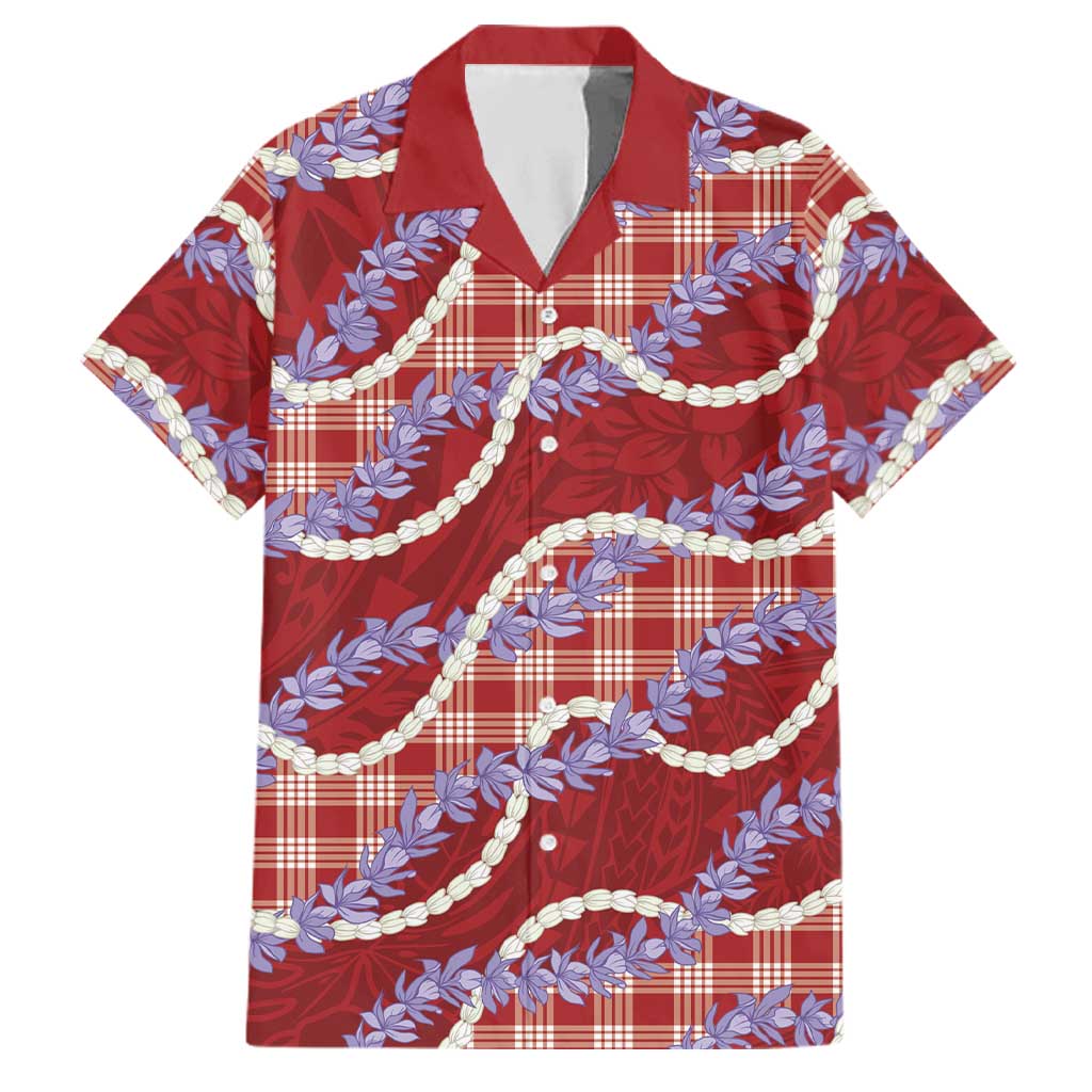 Red Hawaii Palaka Honohono Pikake Family Matching Off Shoulder Short Dress and Hawaiian Shirt Hawaiian Orchid Lei Polynesian Pattern LT14 Dad's Shirt - Short Sleeve Red - Polynesian Pride