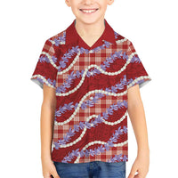 Red Hawaii Palaka Honohono Pikake Family Matching Off Shoulder Short Dress and Hawaiian Shirt Hawaiian Orchid Lei Polynesian Pattern LT14 - Polynesian Pride