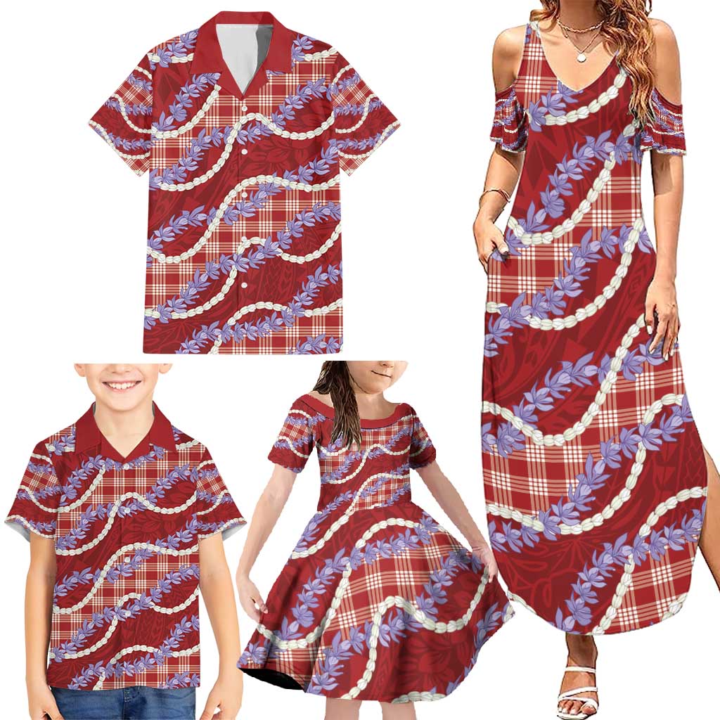 Red Hawaii Palaka Honohono Pikake Family Matching Summer Maxi Dress and Hawaiian Shirt Hawaiian Orchid Lei Polynesian Pattern - Polynesian Pride