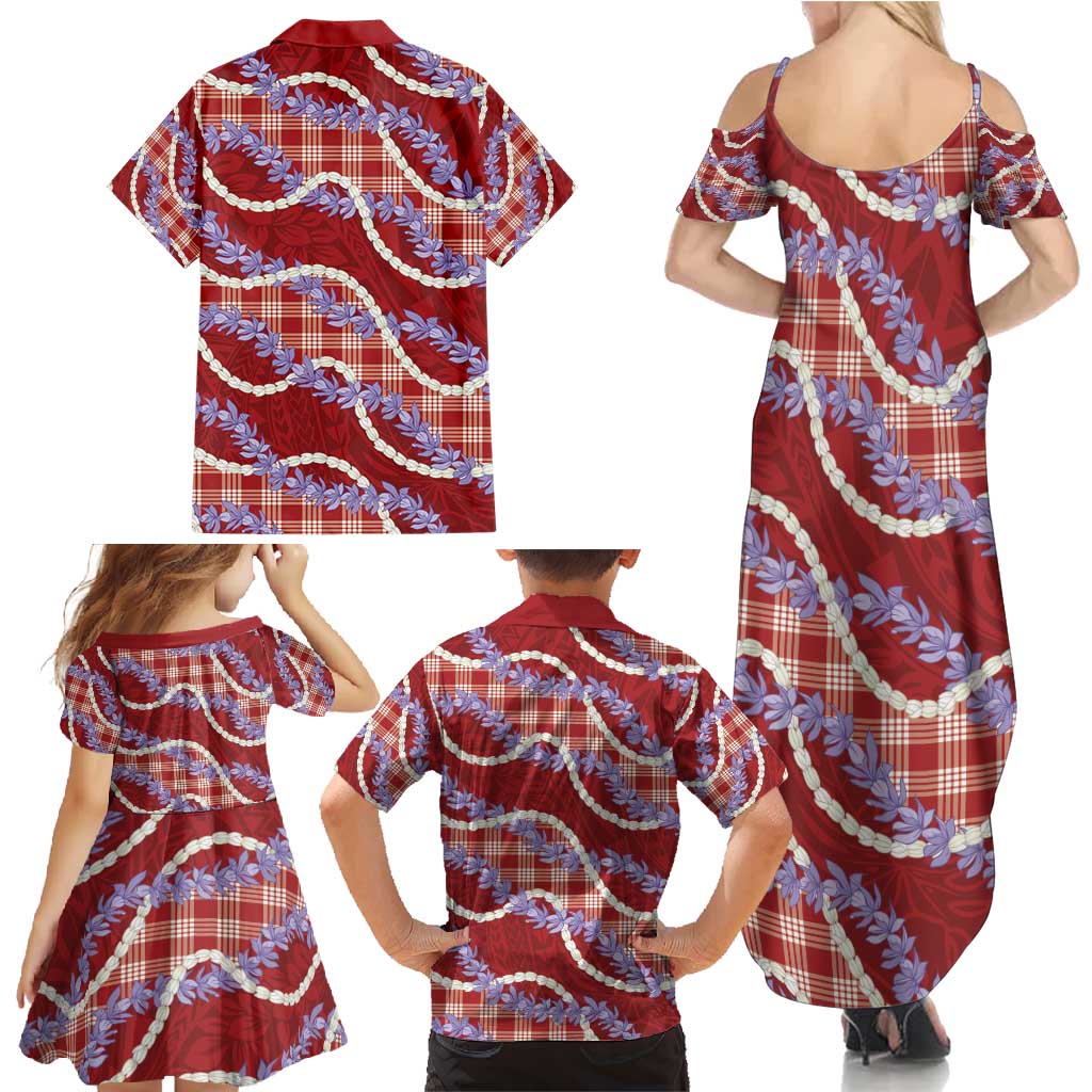 Red Hawaii Palaka Honohono Pikake Family Matching Summer Maxi Dress and Hawaiian Shirt Hawaiian Orchid Lei Polynesian Pattern - Polynesian Pride