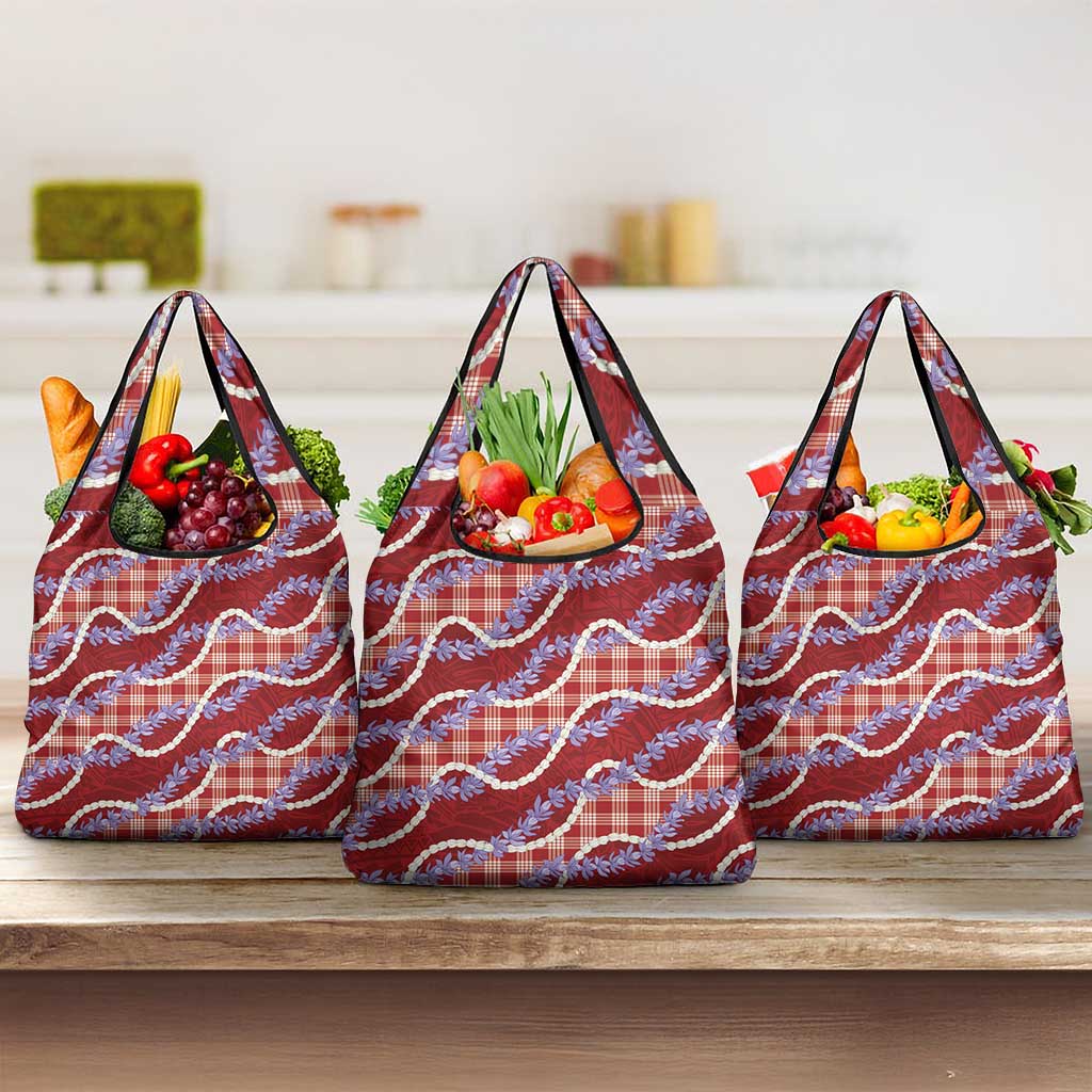 Red Hawaii Palaka Honohono Pikake Grocery Bag Hawaiian Orchid Lei Polynesian Pattern - Polynesian Pride