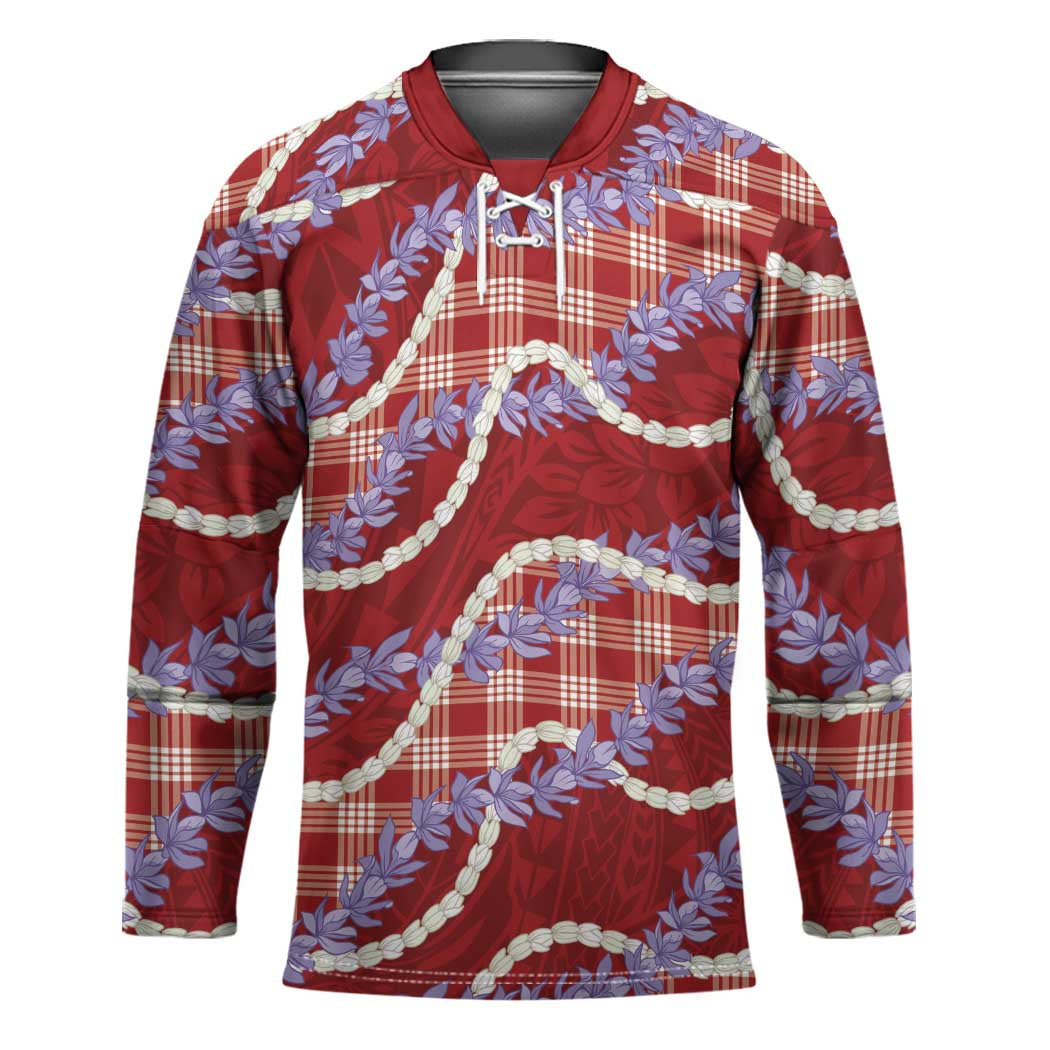 Red Hawaii Palaka Honohono Pikake Hockey Jersey Hawaiian Orchid Lei Polynesian Pattern - Polynesian Pride