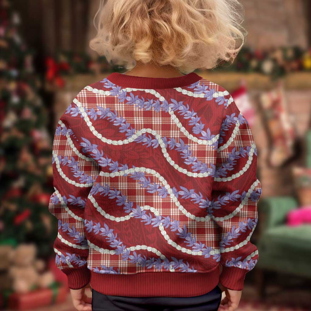 Red Hawaii Palaka Honohono Pikake Kid Ugly Christmas Sweater Hawaiian Orchid Lei Polynesian Pattern - Polynesian Pride