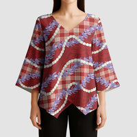 Red Hawaii Palaka Honohono Pikake Kimono Sleeve Blouse Hawaiian Orchid Lei Polynesian Pattern - Polynesian Pride