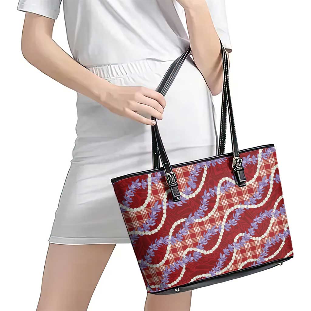 Red Hawaii Palaka Honohono Pikake Leather Tote Bag Hawaiian Orchid Lei Polynesian Pattern - Polynesian Pride