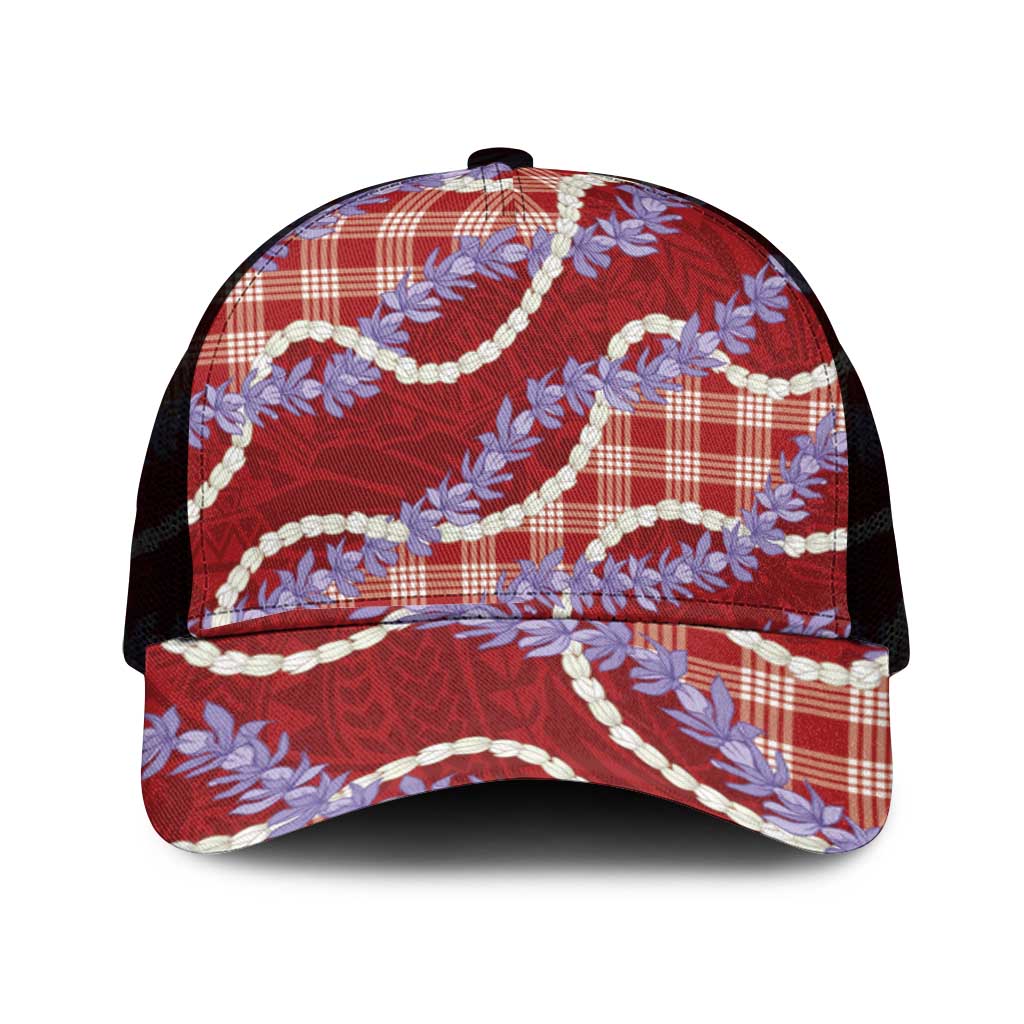 Red Hawaii Palaka Honohono Pikake Mesh Trucker Cap Hawaiian Orchid Lei Polynesian Pattern - Polynesian Pride