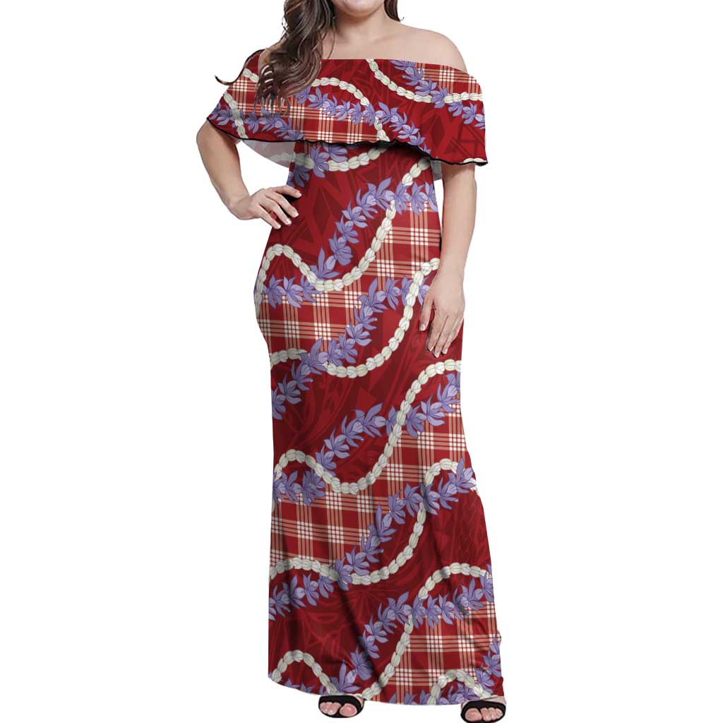Red Hawaii Palaka Honohono Pikake Off Shoulder Maxi Dress Hawaiian Orchid Lei Polynesian Pattern - Polynesian Pride