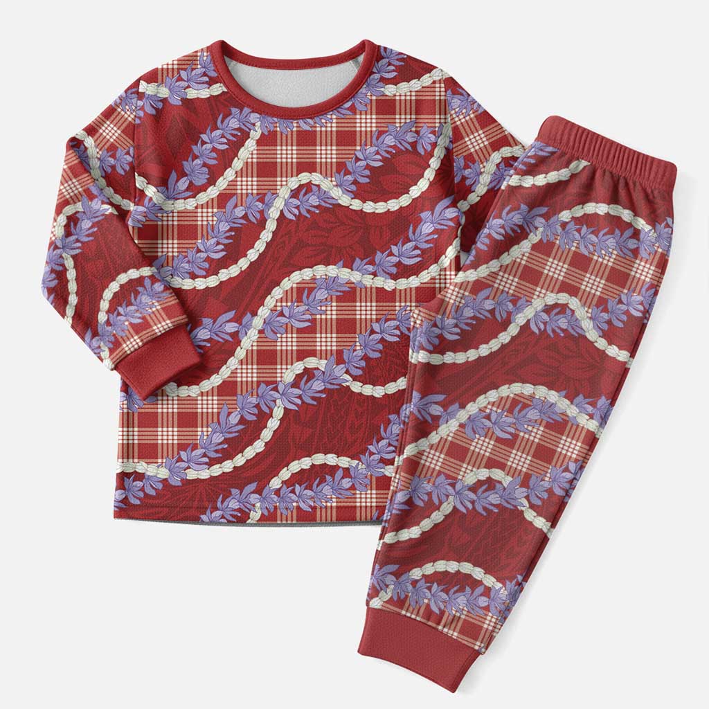 Red Hawaii Palaka Honohono Pikake Christmas Pajama Set Hawaiian Orchid Lei Polynesian Pattern - Polynesian Pride