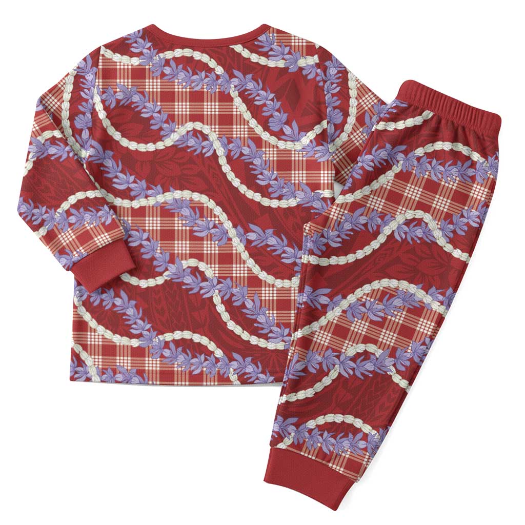 Red Hawaii Palaka Honohono Pikake Christmas Pajama Set Hawaiian Orchid Lei Polynesian Pattern - Polynesian Pride