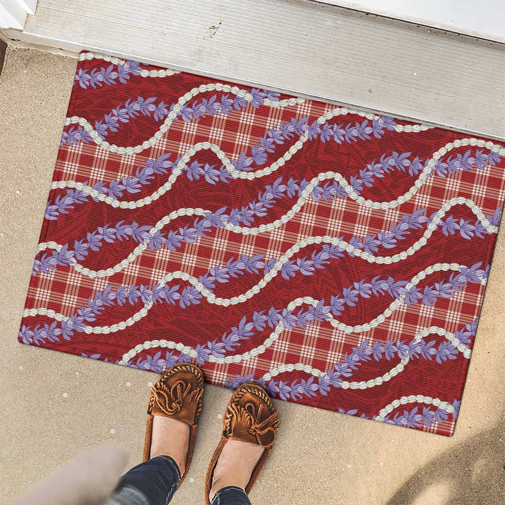 Red Hawaii Palaka Honohono Pikake Rubber Doormat Hawaiian Orchid Lei Polynesian Pattern - Polynesian Pride