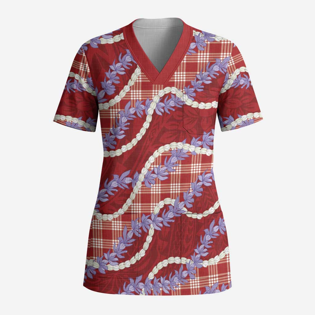 Red Hawaii Palaka Honohono Pikake Scrub Top Hawaiian Orchid Lei Polynesian Pattern - Polynesian Pride