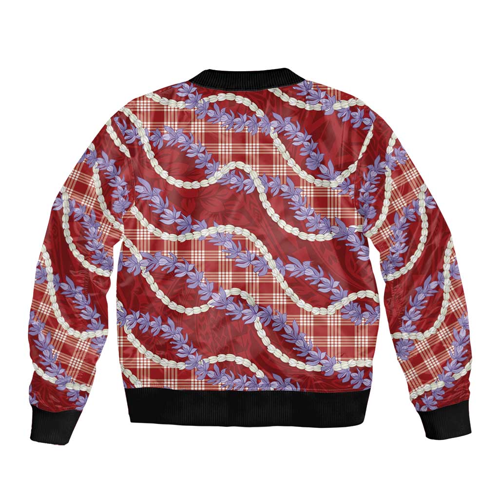 Red Hawaii Palaka Honohono Pikake Sleeve Zip Bomber Jacket Hawaiian Orchid Lei Polynesian Pattern - Polynesian Pride
