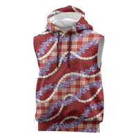 Red Hawaii Palaka Honohono Pikake Sleeveless Hoodie Hawaiian Orchid Lei Polynesian Pattern - Polynesian Pride
