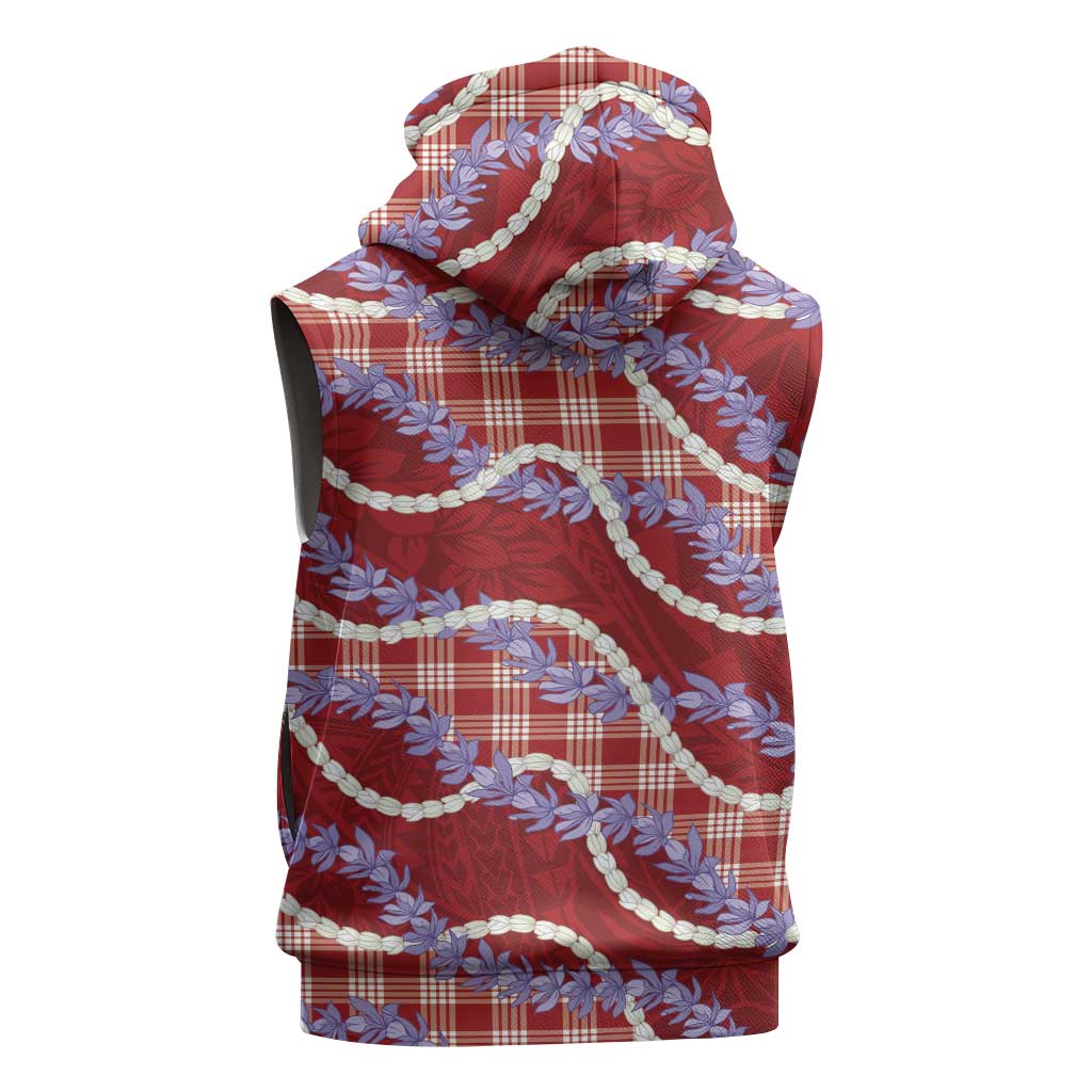 Red Hawaii Palaka Honohono Pikake Sleeveless Hoodie Hawaiian Orchid Lei Polynesian Pattern - Polynesian Pride