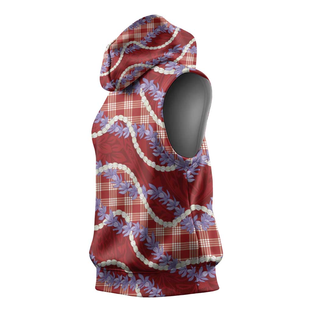 Red Hawaii Palaka Honohono Pikake Sleeveless Hoodie Hawaiian Orchid Lei Polynesian Pattern - Polynesian Pride