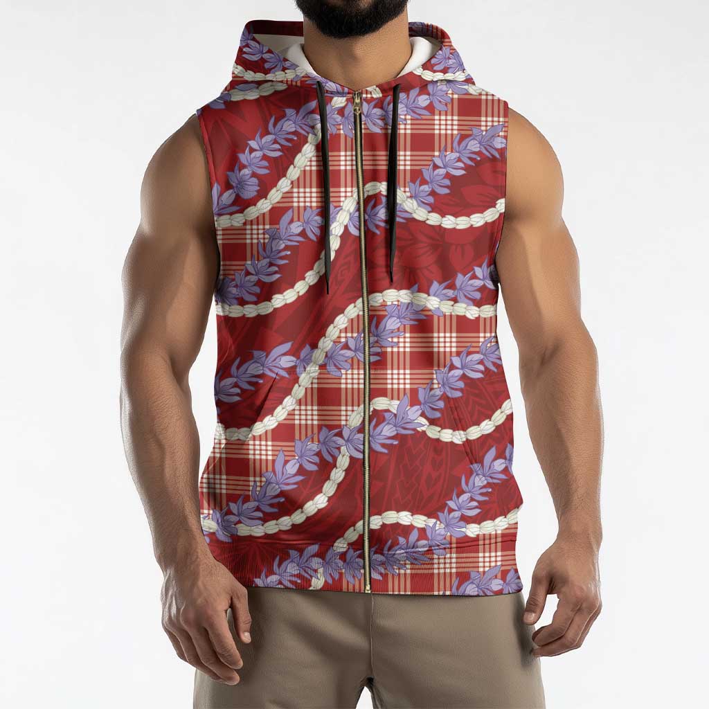 Red Hawaii Palaka Honohono Pikake Sleeveless Zip Hoodie Hawaiian Orchid Lei Polynesian Pattern - Polynesian Pride