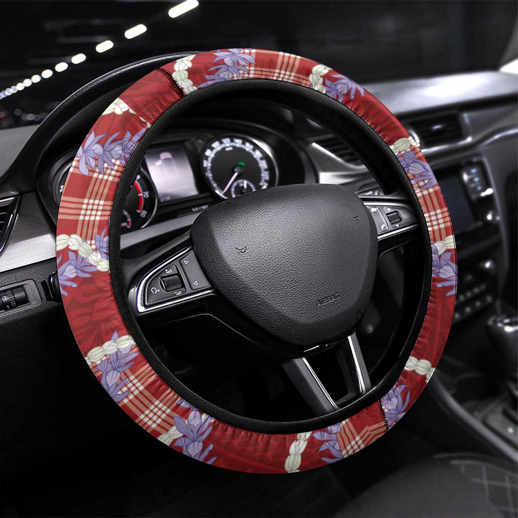 Red Hawaii Palaka Honohono Pikake Steering Wheel Cover Hawaiian Orchid Lei Polynesian Pattern - Polynesian Pride