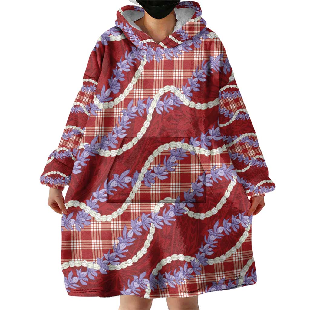 Red Hawaii Palaka Honohono Pikake Wearable Blanket Hoodie Hawaiian Orchid Lei Polynesian Pattern - Polynesian Pride
