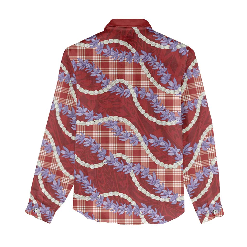 Red Hawaii Palaka Honohono Pikake Women Casual Shirt Hawaiian Orchid Lei Polynesian Pattern - Polynesian Pride