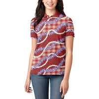 Red Hawaii Palaka Honohono Pikake Women Polo Shirt Hawaiian Orchid Lei Polynesian Pattern - Polynesian Pride