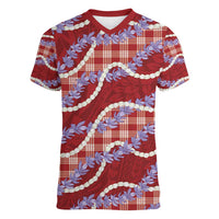 Red Hawaii Palaka Honohono Pikake Women V-Neck T-Shirt Hawaiian Orchid Lei Polynesian Pattern - Polynesian Pride