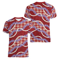 Red Hawaii Palaka Honohono Pikake Women V-Neck T-Shirt Hawaiian Orchid Lei Polynesian Pattern - Polynesian Pride