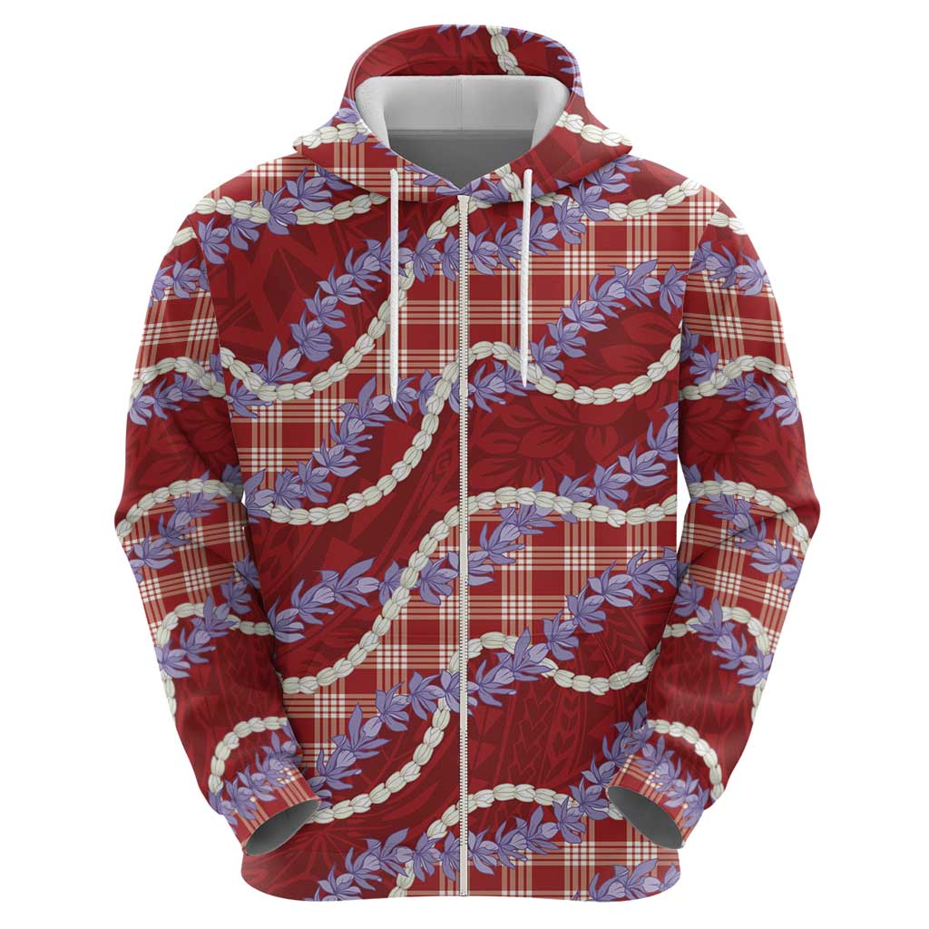 Red Hawaii Palaka Honohono Pikake Zip Hoodie Hawaiian Orchid Lei Polynesian Pattern - Polynesian Pride