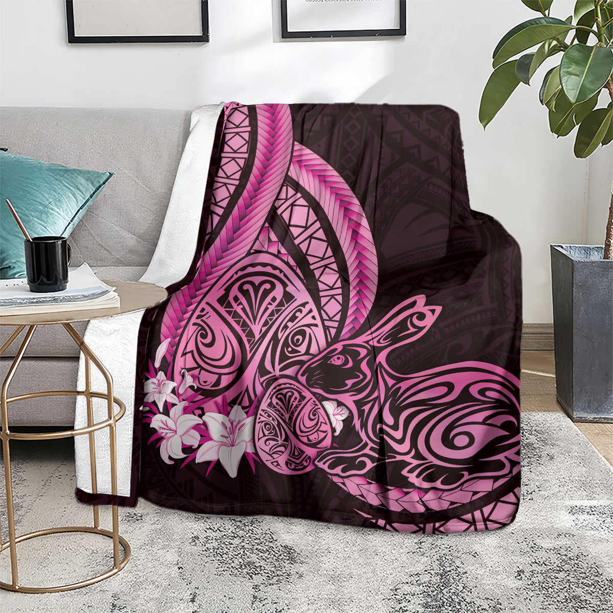 Pink Polynesia Easter Day Blanket Eggs With Bunny Polynesian Pattern