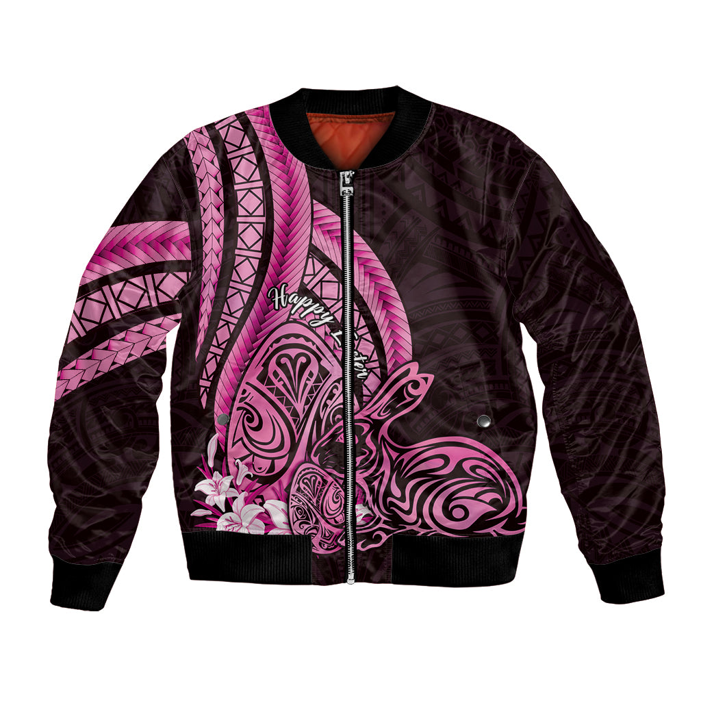 Pink Polynesia Easter Day Bomber Jacket Eggs With Bunny Polynesian Pattern