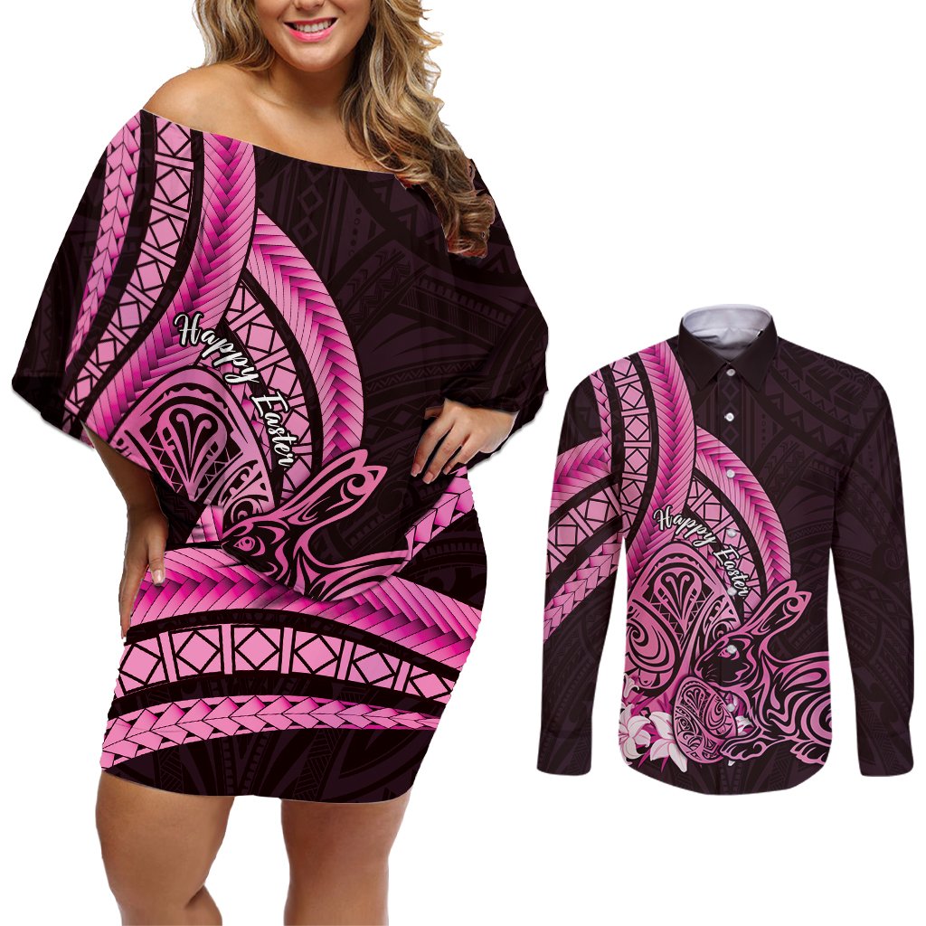 Pink Polynesia Easter Day Couples Matching Off Shoulder Short Dress and Long Sleeve Button Shirt Eggs With Bunny Polynesian Pattern