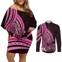 Pink Polynesia Easter Day Couples Matching Off Shoulder Short Dress and Long Sleeve Button Shirt Eggs With Bunny Polynesian Pattern